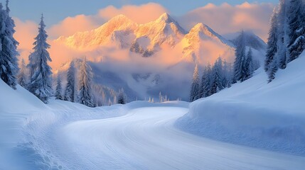 Snowy mountain road at sunrise.