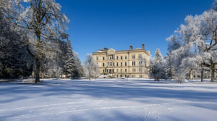 Obraz premium Majestic State Capitol Building Under a Crisp Winter Sky, Surrounded by Snow-Covered Grounds and Featuring a Minimalistic Composition with Copy Space. Ideal for Government, History, and Seasonal 