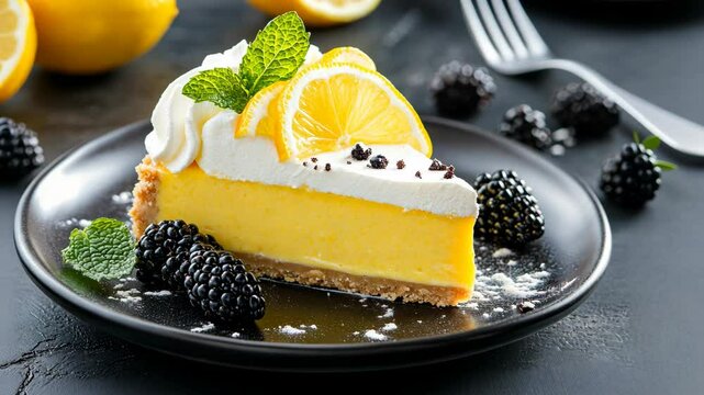 Delicious lemon cheesecake slice garnished with fresh blackberries and mint on a black plate