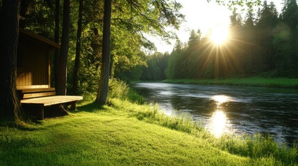 Obraz premium Camping on the riverbank at sunset in a tranquil forest setting