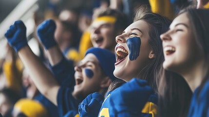 Close-Up of a Cheering Crowd in a College Stadium, Featuring Fans with Painted Faces and Team Jerseys. Captured with Shallow Depth of Field for Emphasis on Energy and Unity