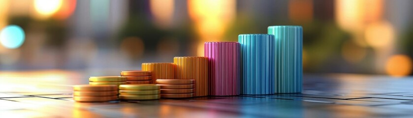 Obraz premium A colorful bar graph and stacks of coins represent financial growth and investment strategies in a vibrant setting.