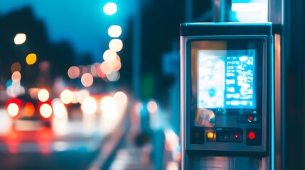 Obraz premium Modern Electronic Toll Collection System Under a Starry Night Sky, Highlighting Sleek Design and Innovation. Captured with Shallow Depth of Field for Emphasis on Details and Technology