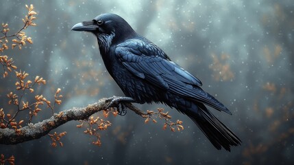 Obraz premium Majestic raven perched, branch, winter scene.