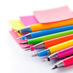 Fototapeta premium Colorful pens and sticky notes arranged neatly on white surface isolated design on white background