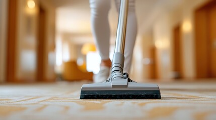 Woman vacuuming hallway in hotel while maintaining cleanliness and order
