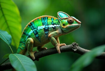 Chameleon scales perched on a branch with sunlight filtering through the leaves above