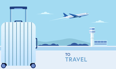 Luggage placed at the airport with a backdrop of a plane taking off