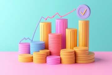 A colorful graphic representation of growth, featuring stacked coins and bar charts against a pastel background, indicating financial success and progress.