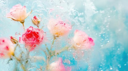 Roses in shades of pink and cream are beautifully encased in icy water, highlighting their fragile beauty amidst the frost