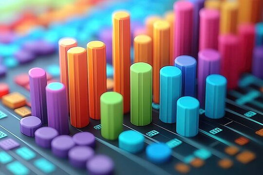 Colorful audio visualization bars on a digital interface, representing sound frequencies and data analysis.