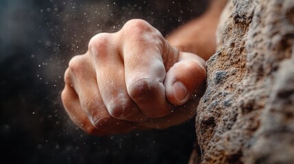 Climber grips rocky surface with determination and chalk dust in the air