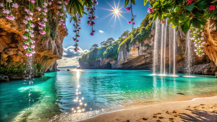 Obraz premium serene tropical cove with turquoise water, waterfalls, and flowers