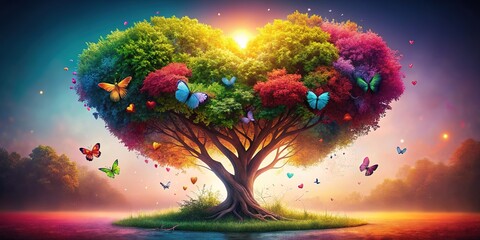 Enchanted Forest Heart Tree Dancing Butterflies Vivid Colors