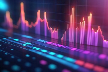 A vibrant digital visualization of sound waves and data metrics, showcasing colorful graphs on a dark background, representing audio and data analysis.