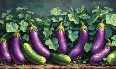 Eggplants, cucumbers, and lush green foliage.