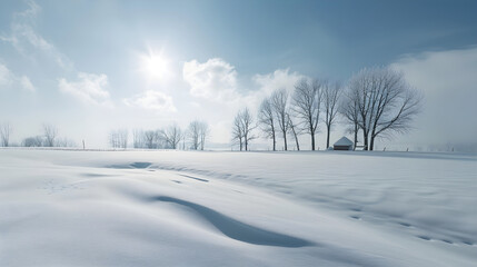 Fototapeta premium Solitude of Winter: Tranquil Snowfield under Overcast Sky with Solitary Cabin and Bare Trees.