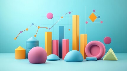 A vibrant arrangement of colorful geometric shapes and bar graphs on a blue background, representing data visualization and creativity.