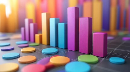 A colorful 3D bar graph with circular data points, showcasing data analysis and visualization in a modern, vibrant style.