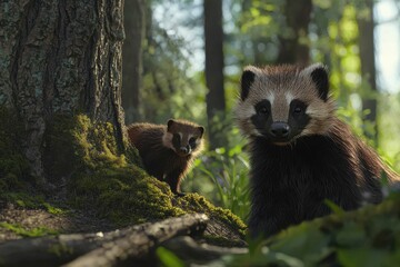 Adorable Raccoon Dog Family Explores Lush Forest Habitat Wildlife Photography