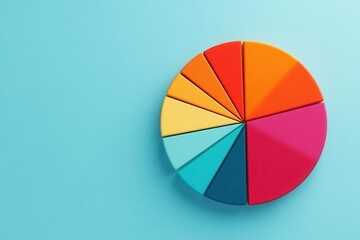 Obraz premium A colorful pie chart on a turquoise background, showcasing various segments in vibrant hues, ideal for visual data representation.
