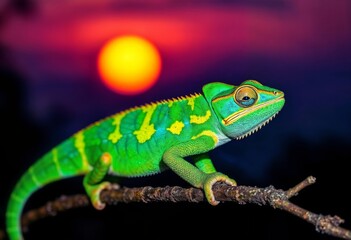 Fototapeta premium Chameleon with vibrant green with a purple and orange sunset in the background