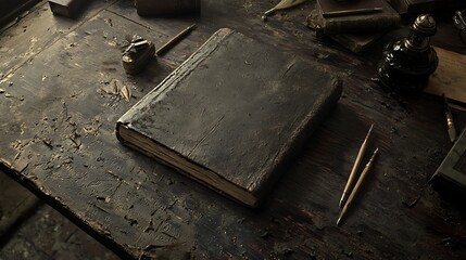 Naklejka premium A book sits on a table with a pen and a pair of scissors