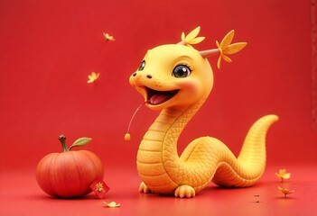Obraz premium Chinese New Year 2025 3D illustration, cute laughing snake and mandarine on red background, isolated vector. Translation Golden Snake Brings Joyful News. small emblem Snake. red label Blessing