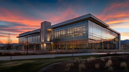 Obraz premium Modern Government Building with Glass and Steel Architecture Reflecting Golden Sunset Hues, Featuring a Clean and Empty Foreground for Copy Space. 