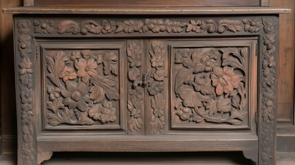 Intricately Carved Wooden Cabinet with Floral Designs
