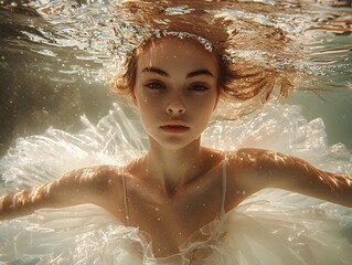 Obraz premium Dreamy Underwater Ballerina in Tutu Frozen Mid Spin Creating Rippling Aquatic Movement