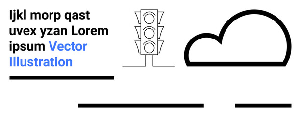 Traffic light with three signals, cloud, sample placeholder text, and bold lines. Ideal for web design, infographics, educational materials, presentations, marketing, user interfaces, and app design