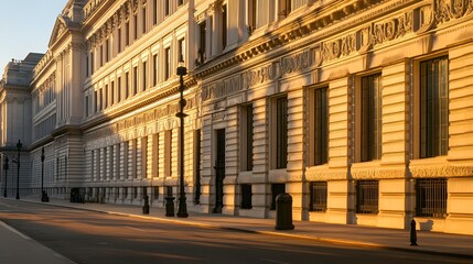 Obraz premium Historic Government Building with Intricate Stone Carvings, Bathed in Soft Sunset Glow and Framed Against a Clear Sky. Captured with Sharp Focus on Architectural Texture and Elegant Details