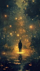 Fototapeta premium Enchanted Forest: A Solitary Figure in a Magical Night