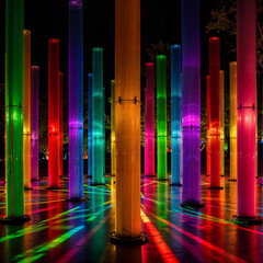 Obraz premium Abstract background with colorful light pillars and their reflections.