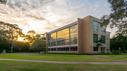 Obraz premium Sunset View of a Government Building with Sleek Design, Clean Lines, and Warm Hues Illuminating the Facade. Empty Foreground for Copy Space, Ideal for Architectural, Urban, and Business Concepts