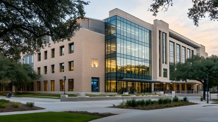 Sunset View of a Government Building with Sleek Design, Clean Lines, and Warm Hues Illuminating the Facade. Empty Foreground for Copy Space, Ideal for Architectural, Urban, and Business Concepts