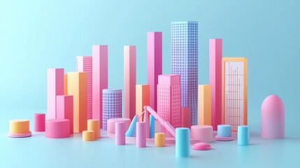 A vibrant cityscape made of colorful geometric shapes, blending pink, blue, and yellow hues against a light blue background.