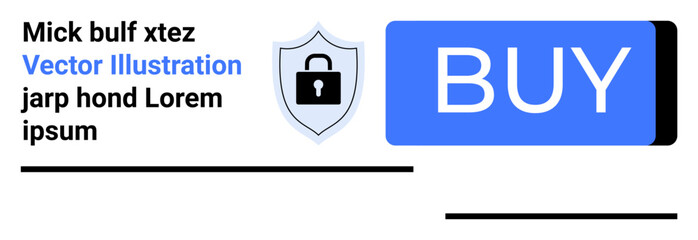 Blue BUY button, shield with lock icon emphasizing security, and placeholder text. Ideal for online shopping, security, e-commerce, website design, user interface, call-to-action buttons, landing