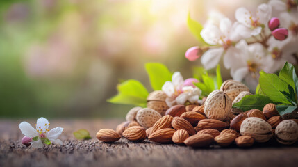 A spring-themed composition of assorted nuts arranged on a rustic wooden surface, colorful accents in the background with blossoms and fresh green leaves, warm natural light