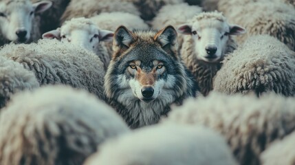 Fototapeta premium A lone wolf stands amidst a flock of sheep. Illustrates themes of leadership, standing out, or being different.