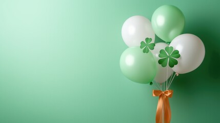 Clover-themed balloons tied with ribbon promoting St. Patrick’s Day decoration
