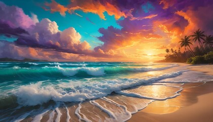 A beautiful painting of a beach with a sunset in the background, Generative AI