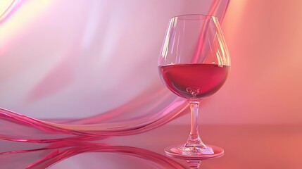 A glass of red wine is sitting on a table with a pink background