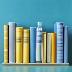 Bookshelf with colorful books and glass bottle.