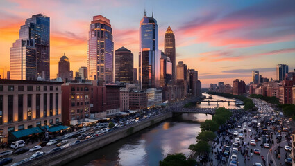 Fototapeta premium A bustling cityscape at sunset with skyscrapers glowing in the golden hour light, busy streets filled with people and cars, and a river running through the city reflecting the colorful sky
