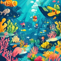 Underwater Scene with Children and Colorful Fish