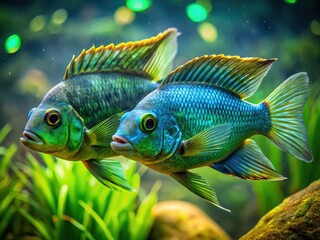 Fototapeta premium Green Terror Cichlids Courtship Dance - Underwater Beauty