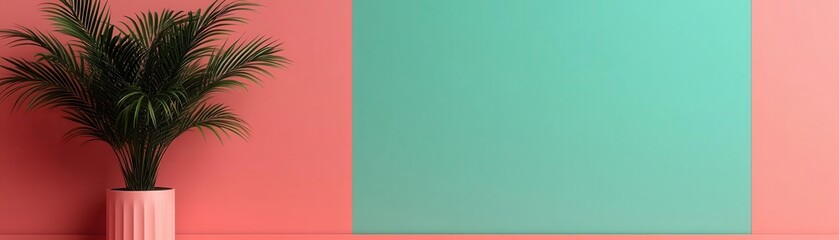 A minimalist interior featuring a green wall and a pink backdrop, complemented by a potted plant for a fresh, modern aesthetic.