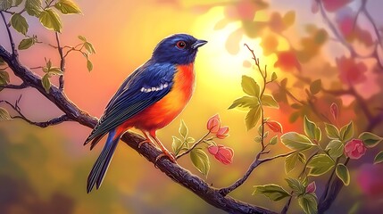 Fototapeta premium A bird is perched on a branch in a tree